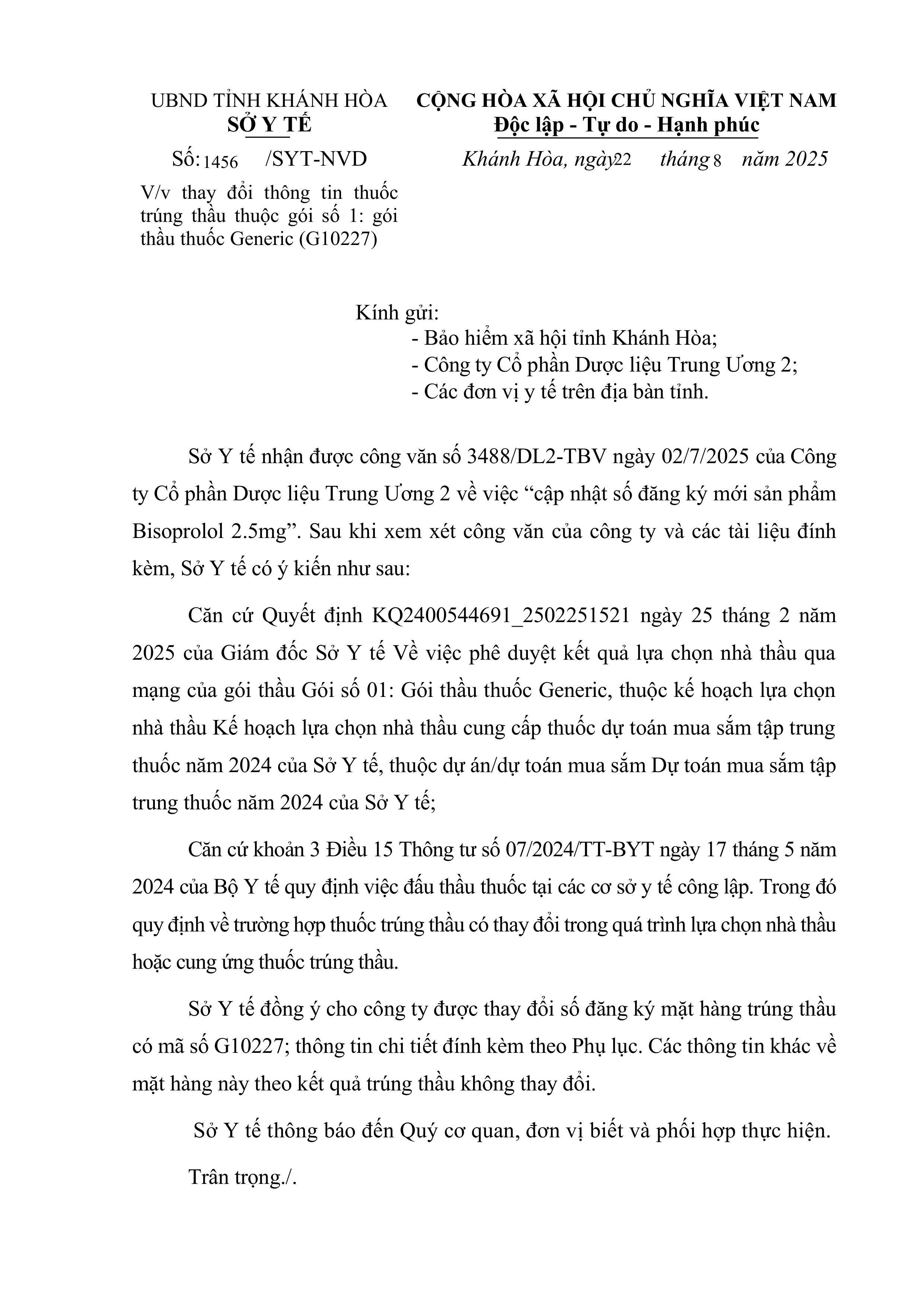 V/v thay đổi thông tin thuốc trúng thầu thuộc gói số 1: gói thầu thuốc Generic (G10227)